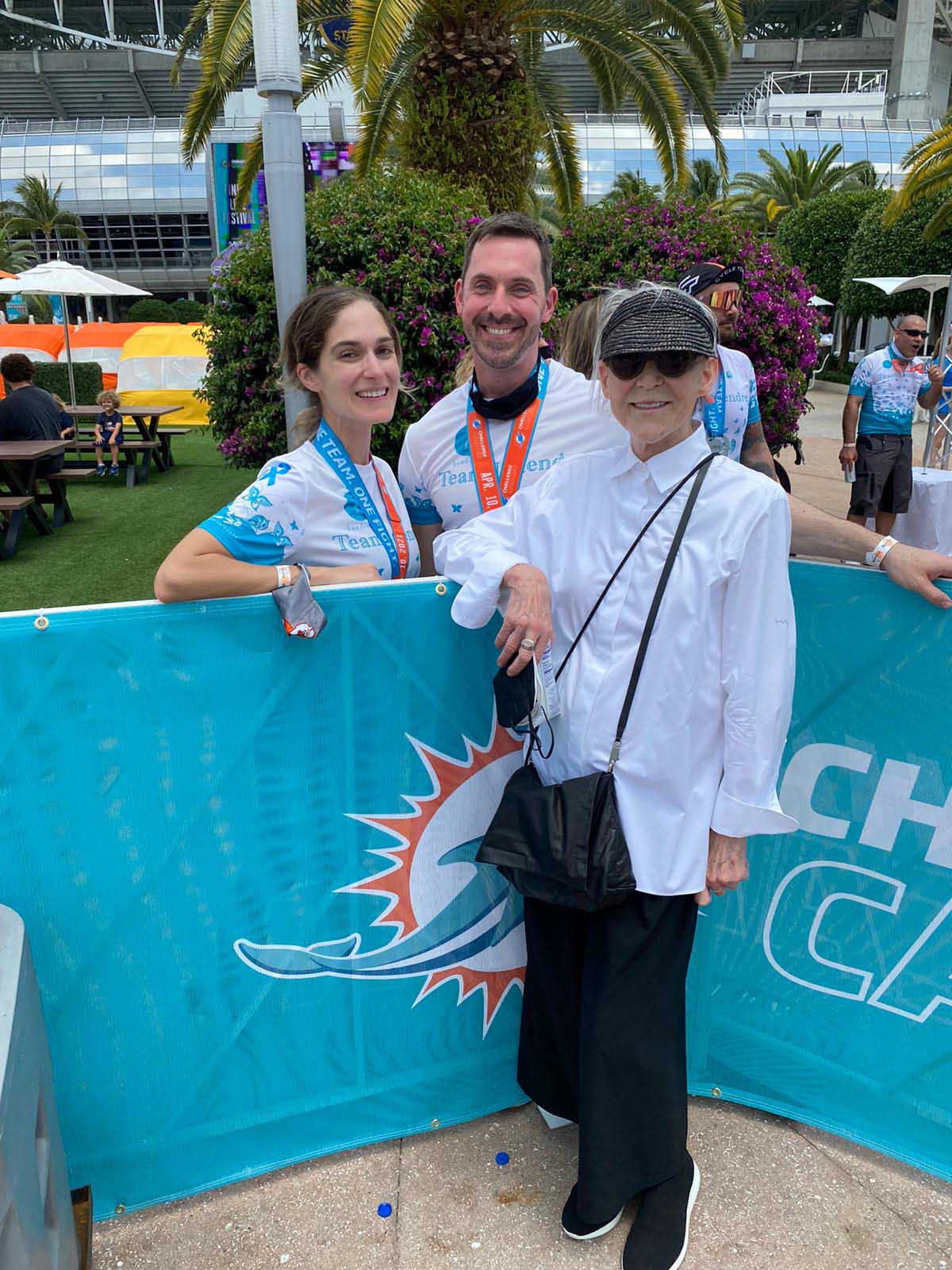 Raisa Gutierrez, APRN, Dr. Matthew Schlumbrecht, and Lorraine Letendre at the 2021 Dolphins Challenge Cancer event