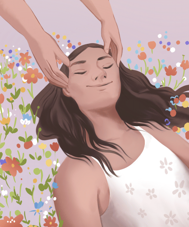 Animated illustration of a woman lying in a bed of flowers