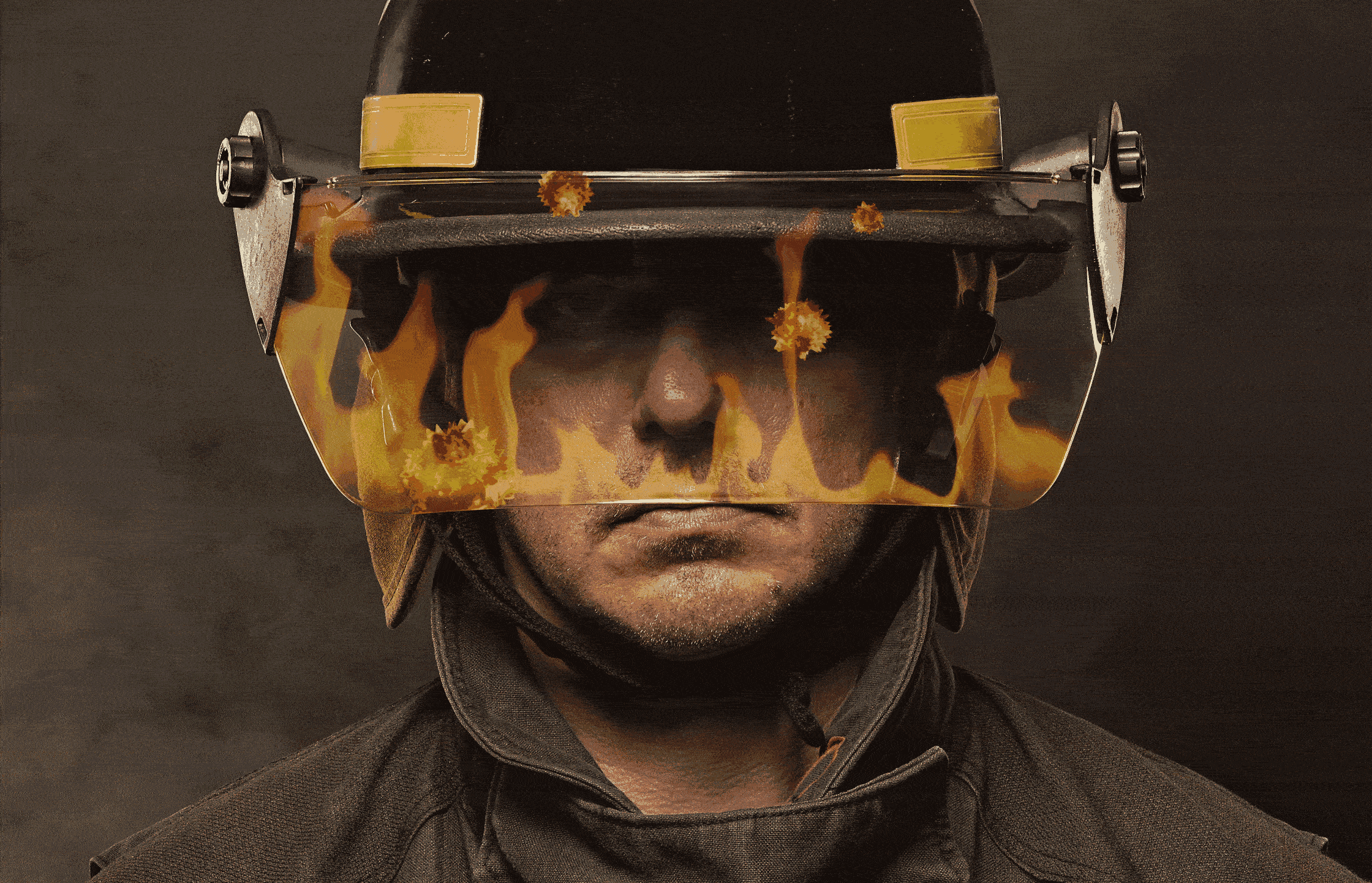 Animated image for a fireman with flames reflecting in visor