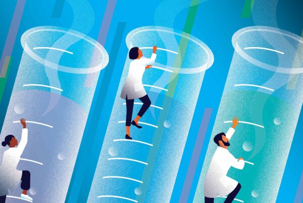 Colorful illustration of researchers climbing up test tubes