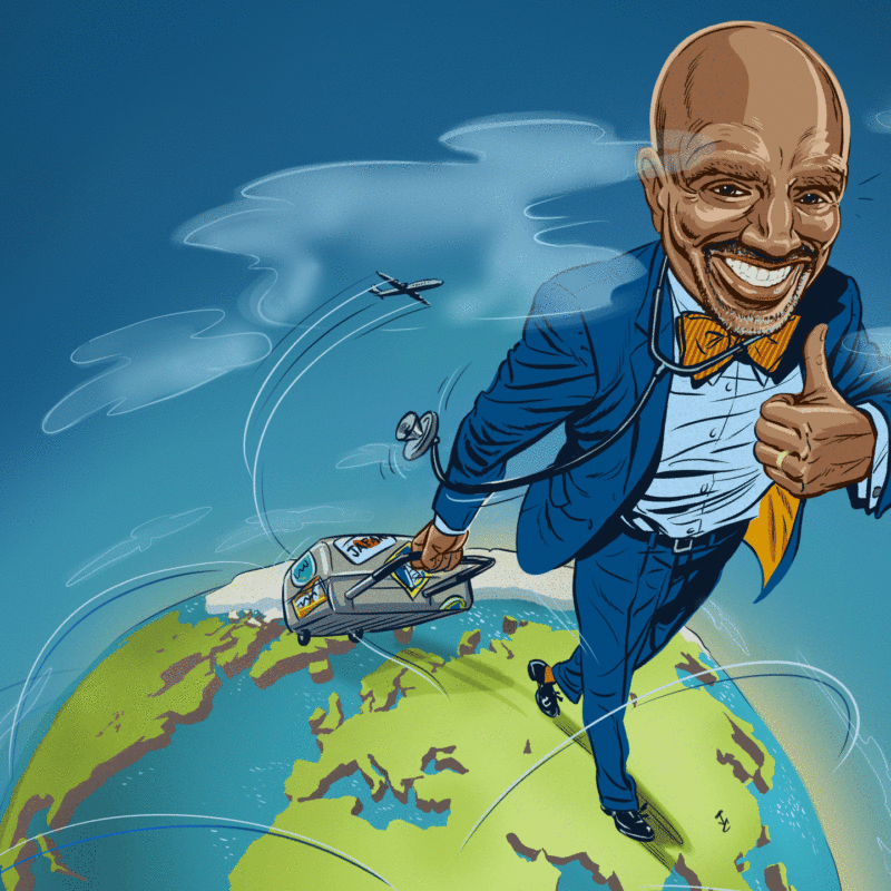 Animated illustration of Dean Ford globe trotting