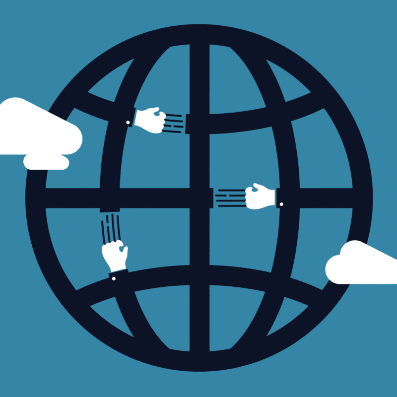 Graphical illustration of a globe with hands scratching itself