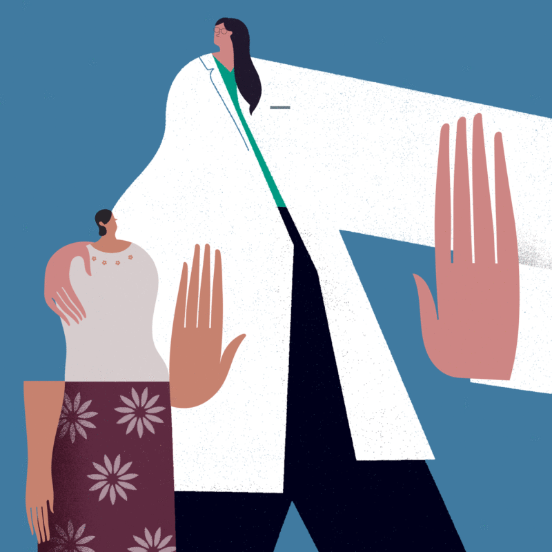 Colorful animation of a physician helping a patient