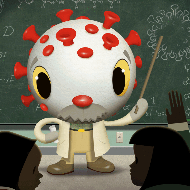 Animated graphic of a COVID cell dressed as a professor