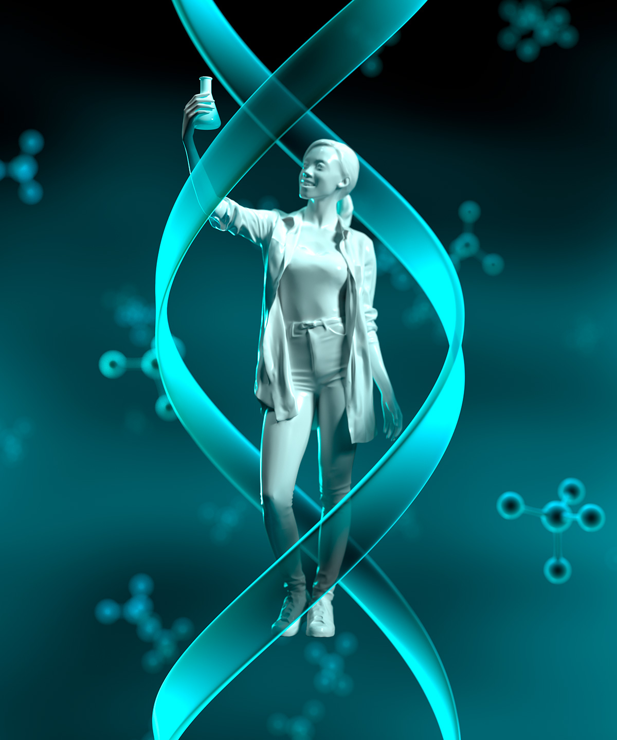 3d image of women holding a science beaker in a DNA strand